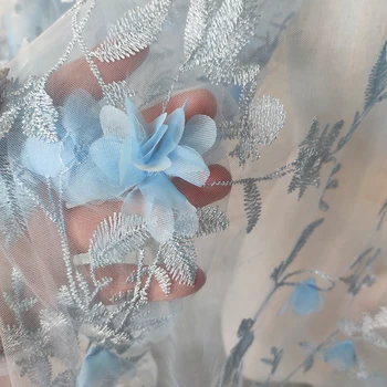 Roza in bele čipke cvetove krilo tkanine neto preja posuje srebro 3D laserski vezene cvetnih listov oblačilo tančico materiala