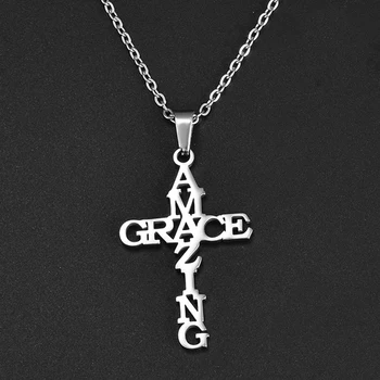 Dropshipping Iz Nerjavečega Jekla Amazing Grace Križ Ogrlica Vere Je Jezus Modni Obesek Za Ženske, Moške Najboljši Prijatelj Darilo Nakit