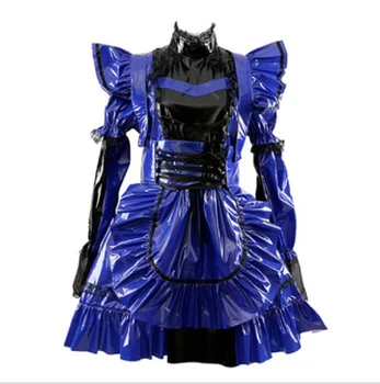 Modra Vlogo Igrajo Devica Obleko z Predpasnik Lutka Krilo francoski Sissy PVC Kratka Sleeved Gothic Obleko Ključavnico Enotna