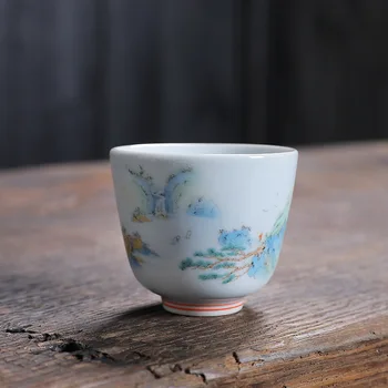 Retro Celadon Tea Cup Teaware Travo Sivo Pokrajine Cvetlice Rastline Kung Fu Tea Cup Retro Sam Doma Kitajski Slog Vode Pokal