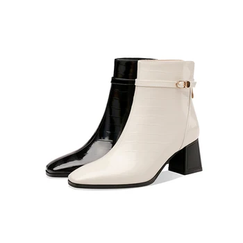 2022 Ženske škornji naravnega usnja 22-24.5 CM Cowhide patent leathe moderni čevlji močen visoke pete kamen sponke kratko čevlji
