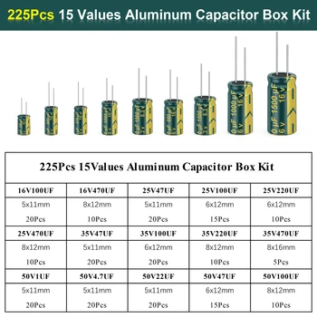 225Pcs/Box 15Values Aluminija Elektrolitski Kondenzator Kit 16V-50V 1uF-470uF Razvrstan Komplet z Visoko Frekvenco Nizko ESR 105℃ Škatla za Shranjevanje