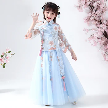 Dekleta Han Fu 2PCS Vezene Čipke roža punca obleke Kitajski cheongsam Baby elegantno Tradicionalna Kitajska oblačila za Otroke