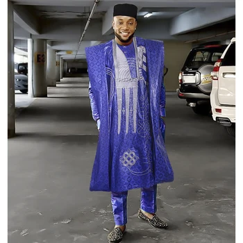 H&D Nova Afriška Oblačila za Moške Bogato Bazin Tradicionalnih Vezenje Dashiki modro Haljo Dolg Rokav Srajco, Hlače Nastavite Poročna Obleka