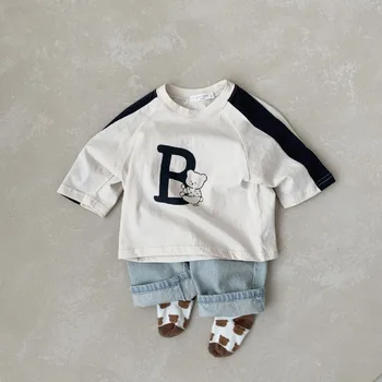 Dekle Moda Mozaik Dolgo Rokavi T-shirt Baby Boy Risanka Medved Vrhovi Otrok Kul Pismo Bombaž Preprost Homewear Tshirt