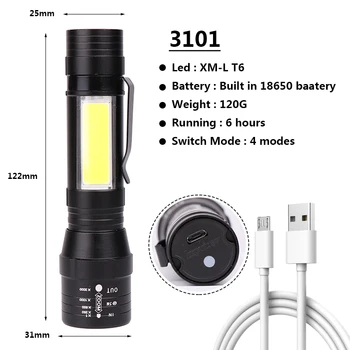 3101 LED Svetilka vgrajenim 18650 Baterijo XML T6 COB Zoomable Baklo USB Polnilna Svetilka za Kampiranje Lahkega Aluminija 10W