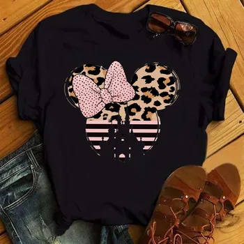 Minnie Mouse Leopard print Majica s kratkimi rokavi Ženske 90. letih Kawaii Harajuku Disney Vrhovi Black Kratek Rokav Ženska T-shirt Ulične