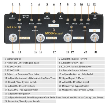 MOSKYaudio SOL918 Reverb Delay Multi Učinki Pedal FX pedal zanke guitarra Overdrive Efekt Pedal Kitara Multi Efekt Pedal