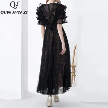 Qian Han Zi poletje modni oblikovalec čipke dolgo obleko Žensk ogrlicom retro slim vidi skozi čipke nabrano obleko maxi