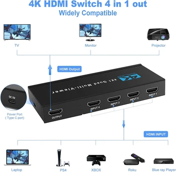 4K HDMI je združljiv Multiviewer 4x1 1080P Quad Zaslon Multi Viewer HDMI Multi-Pregledovalnik Splitter Brezhibno Preklopnik z IR za PC