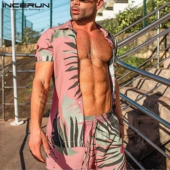 Moški Hawaiian Določa Tiskanje 2022 Poletje Kratek Rokav Gumb Majica Plaža Hlače Ulične Mens Priložnostne Obleko, 2 Kosa S-3XL INCERUN