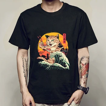 Nova Moda Poletje, Mens T Shirt Priložnostne Kratek Rokav Samurai Mačka Tiskanja Anime Tshirt Moški Ženske Japonski Neko Suši Val Vrhovi