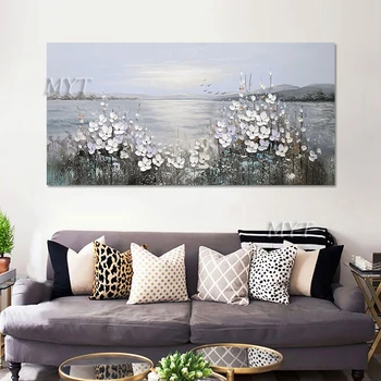 Ročno poslikano oljna slika, dnevni prostor kavč v ozadju stene nož cvet bele visi slikarstvo dekorativno slikarstvo, freska banner