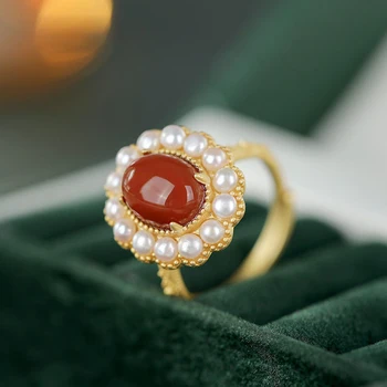 Stari zlato izdelave južni rdeči turmalin pearl cvet obroč nastavljiv luksuzni Kitajski slog temperament nakit