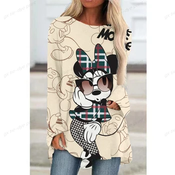 Jeseni ženska Moda in Ženske Boho Disney Minnie Mickey Mouse Tiskanja Krog Vratu Dolg Rokav Srajco in Vrh Svoboden Ženske Graphic T-shirt