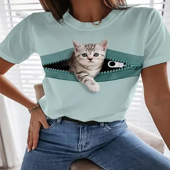 2022 Nove Modne Ženske Majice 3D Tiskanje Mačka Vzorec Priložnostne Majice, Poletje Kratek Rokav Mrežnega Materiala Top Dodatke