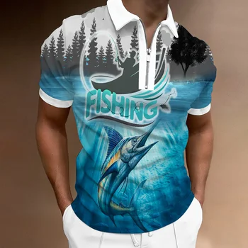 3D Tiskanje moška Oblačila Polo Majica Osebnost Ulica Morska Riba Priložnostne Kratek Sleeve Majica s kratkimi rokavi Moški River Zip Polo Majica, Trenirka