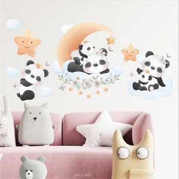 Samolepilni Risanka Panda Na Luno, Zvezde, Oblaki Cvetje Stenske Nalepke Za Otroke Spalnica Dekoracijo Sten