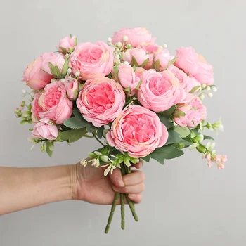 Lepa Rose Peony Umetne Svile Cvetja Majhen Bel Šopek Vaze za notranje Stranke Zimske Poroka Dekoracija Poceni Ponaredek Rastlin
