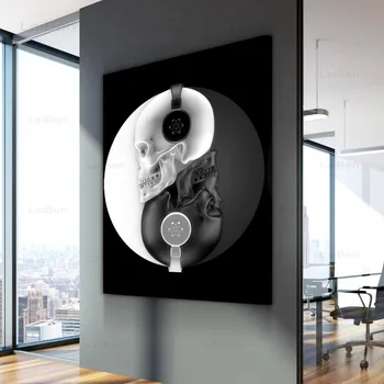 Črna in Bela Lobanja Slušalke Platno Slikarstvo Povzetek Okostje Wall Art Plakat Nordijska Moderno Sliko, Dnevna Soba Dekor