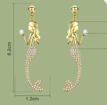 Sladko in romantično vdelan cirkon morska deklica dolgi uhani za ženske lepe modni nakit